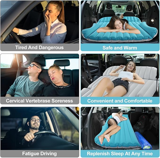 KMZ SUV Air Mattress Double-Sided Car Mattress Camping Bed Inflatable Bed with Electric Pump for SUV Trunk and Rear Seat - Gray and Blue (Without Pillows)