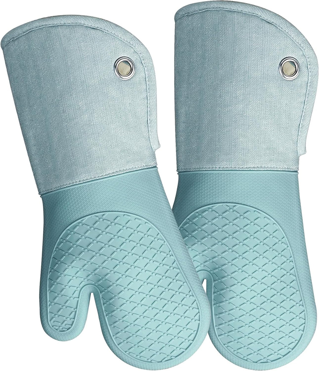 Professional Microwave Silicone Oven Mitts one Pair, Kitchen Mitten Set for Heat Resistant with 500 Degrees, Kitchen Gloves Pot Holder for BBQ Cooking Baking (Light Blue)