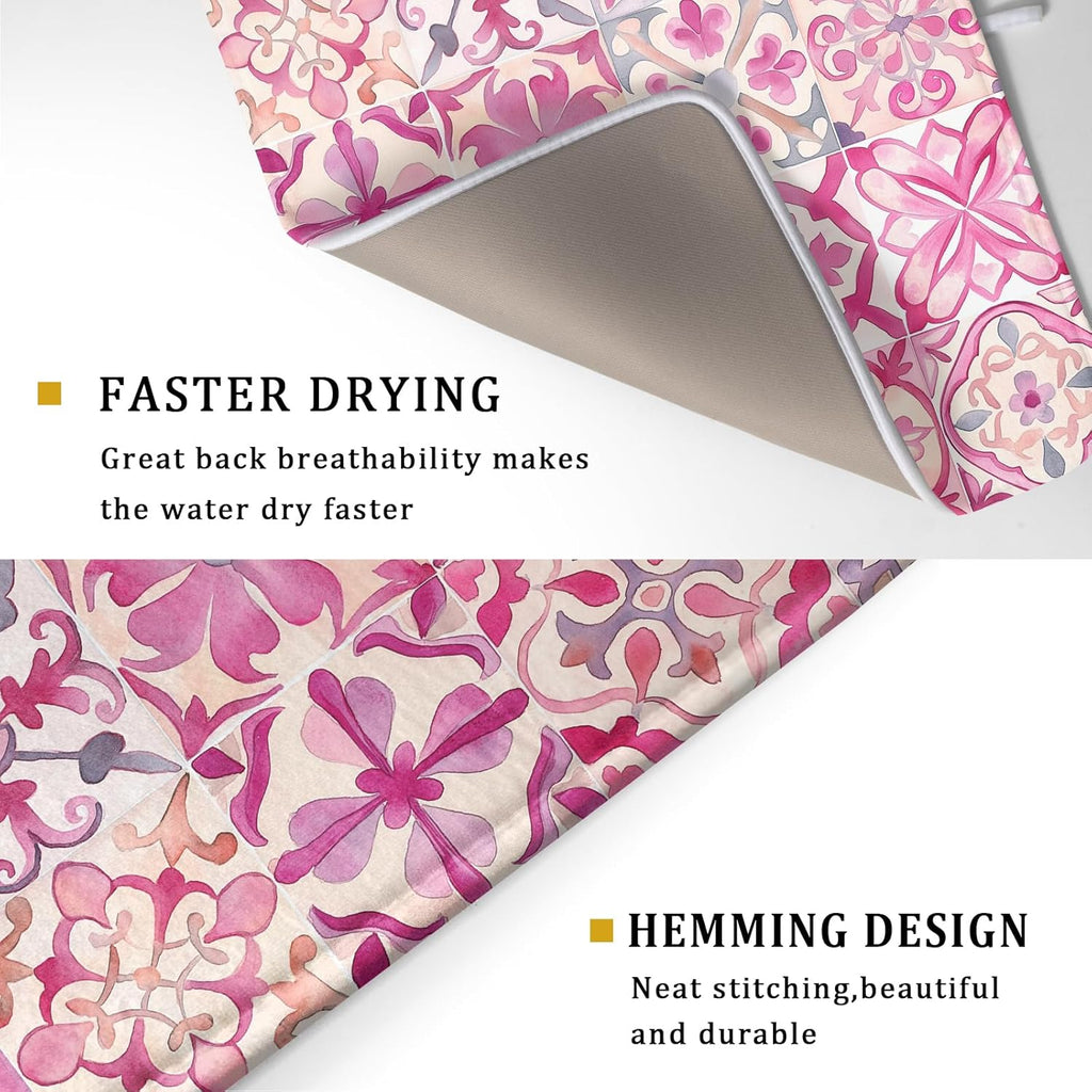 Pink Mexican Tiles Dish Drying Mat Absorbent Microfiber Dish Drying Pad for Kitchen Multi-use Large