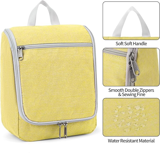 Travel Hanging Toiletry bag for Men & Women, Water-resistant Sturdy Nylon Toiletries Organizer for Cosmetics, Makeup Brushes, Shaving Tools, Bathroom Bag, Yellow