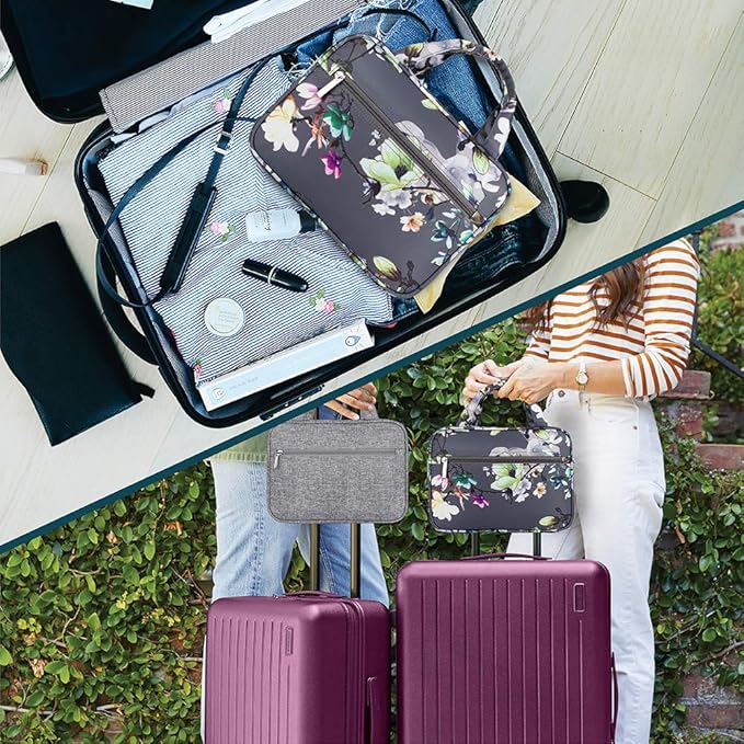 PAVILIA Hanging Toiletry Bag Travel Bag Women Men, Foldable Cosmetic Organizer, Roll up Makeup Bag, Water Resistant Accessories Toiletries, Large Travel Essentials Kit (Grey Floral)