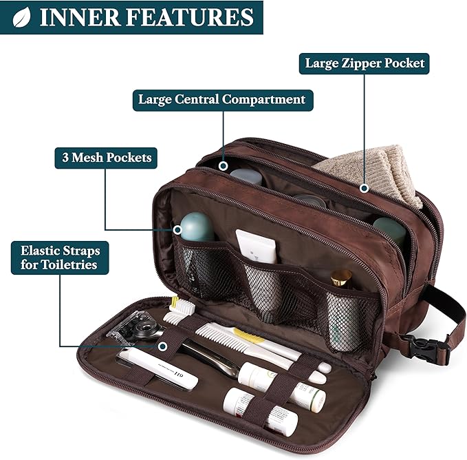 PAVILIA Toiletry Bag for Men, Travel Toiletries Bag | Water-resistant Dopp Kit, PU Leather Shaving Pouch Organizer for Accessories, Cosmetic, Hygiene, Grooming Essentials (Black)