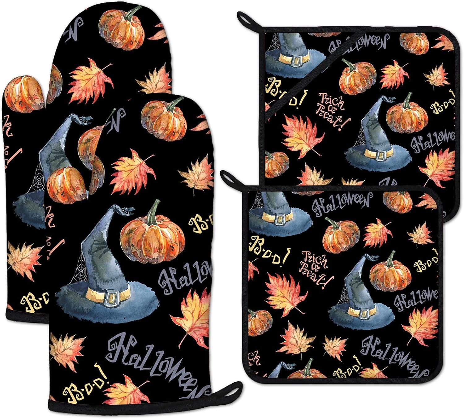 Halloween Pumpkin Autumn Maple Leave Oven Mitts and Pot Holders Sets Heat Resistant 4Pcs Potholders Oven Gloves Hot Pads for Kitchen Baking Cooking Grilling BBQ
