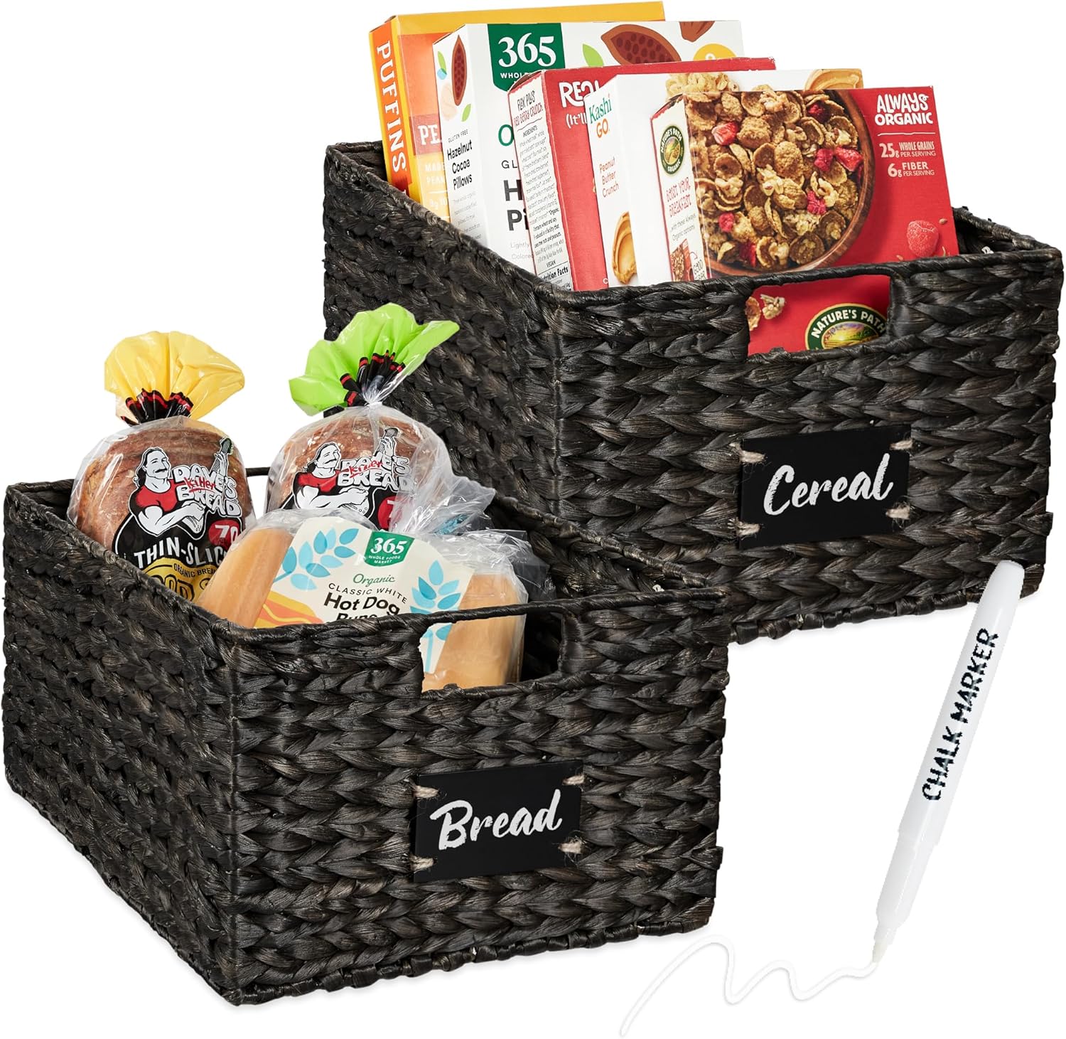 Best Choice Products Pantry Baskets Set of 2 16x12in Water Hyacinth Storage Baskets, Woven Wicker Organizers with handles w/Chalkboard Label Chalk Marker - Black