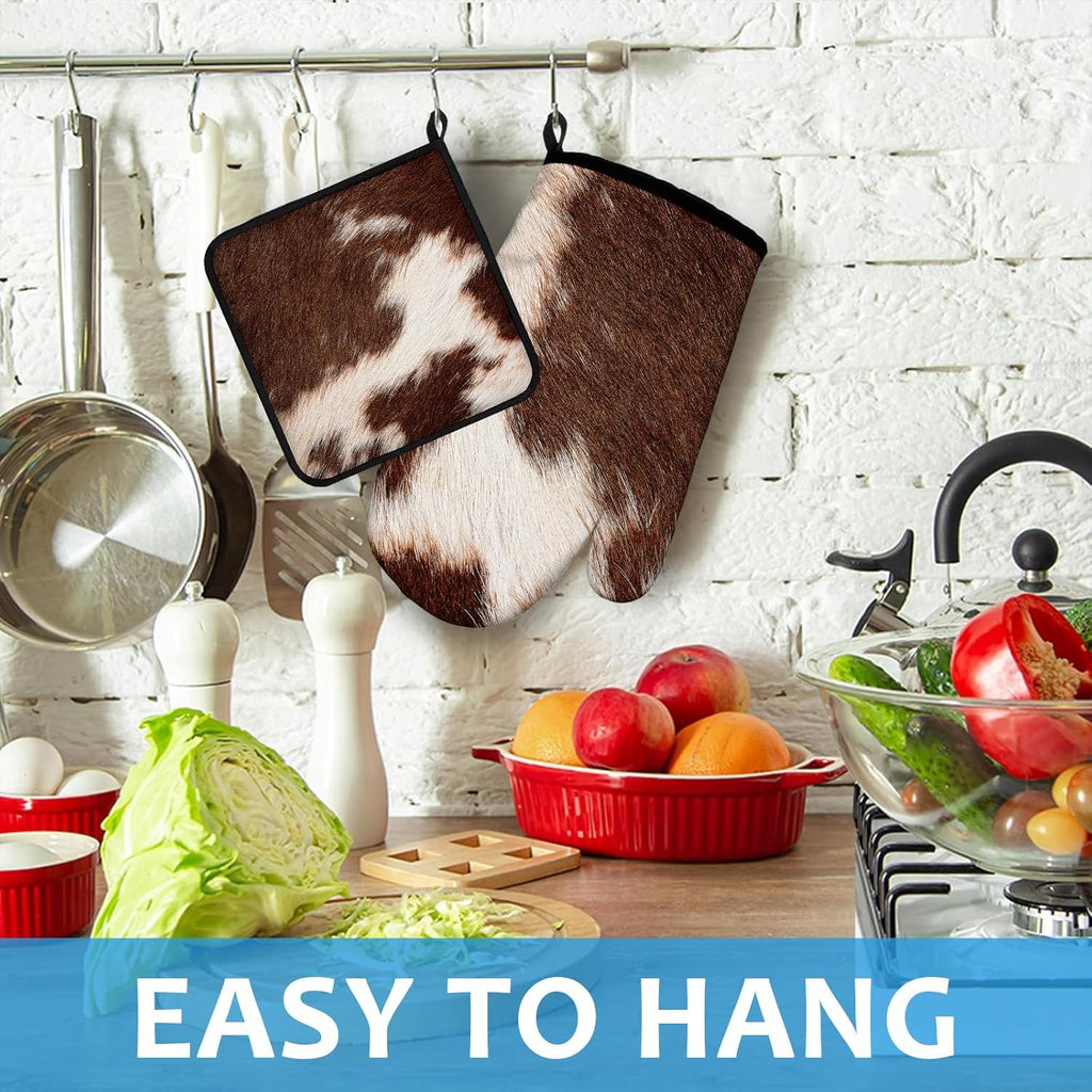 Brown Cow Print Oven Mitts and Pot Holders Sets Heat Resistant 4Pcs Potholders Oven Gloves Hot Pads for Kitchen Baking Cooking Grilling BBQ