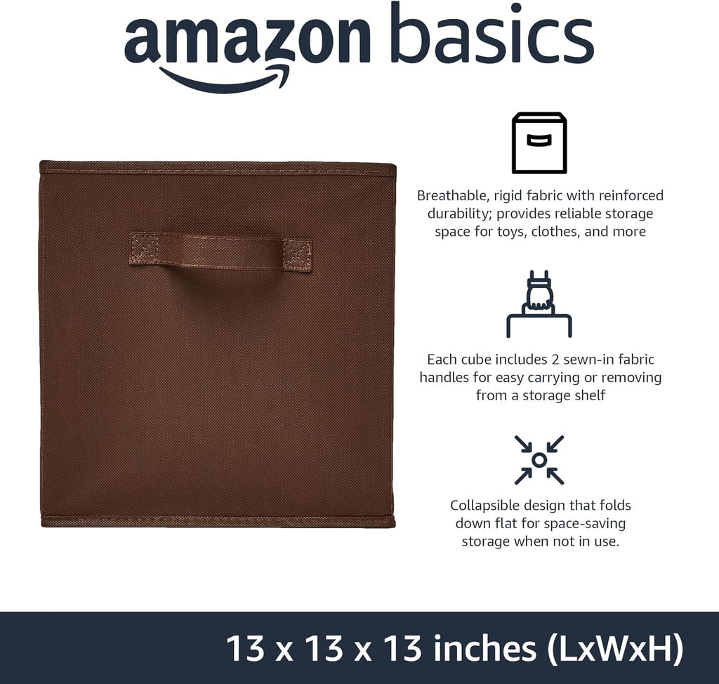 Amazon Basics Cube Organizer Storage Bins Handles, Collapsible Fabric, Pack of 6, 13"x13"x13", Brown