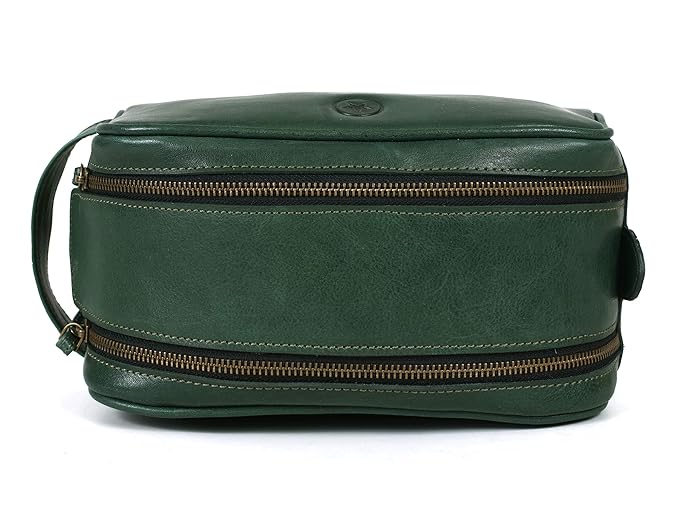 10" Premium Leather Toiletry Travel Pouch With Waterproof Lining | King-Size Handcrafted Vintage Dopp - Kit ~ Gift for Father's Day By Aaron Leather Goods (Basil Green)