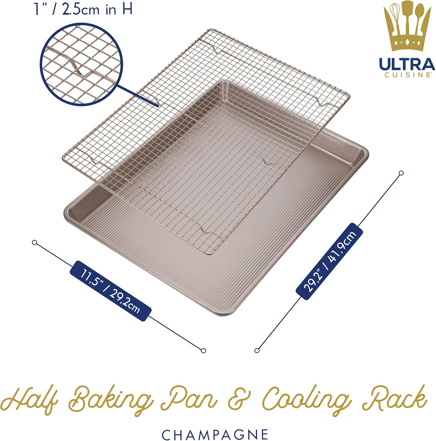 Ultra Cuisine Wire Rack Baking Sheet Pan Set - Half Sheet Pan Set with 100% Stainless Wire Rack - Dishwasher Safe - Steel Reinforced Rim - Aluminum Cooling racks for Cooking and Baking - Champagne