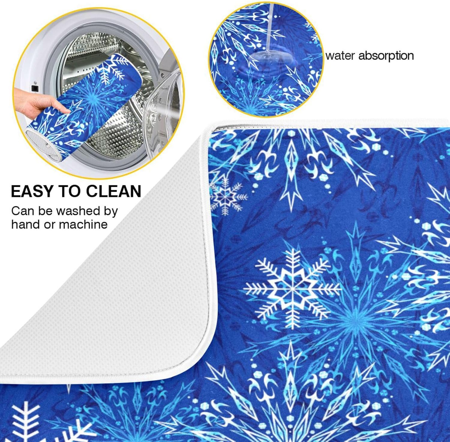 Blue Christmas Snowflakes Dish Drying Mat for Kitchen Counter Absorbent Microfiber Drying Pad, Large 18x24 in, Reversible Drainer Mats