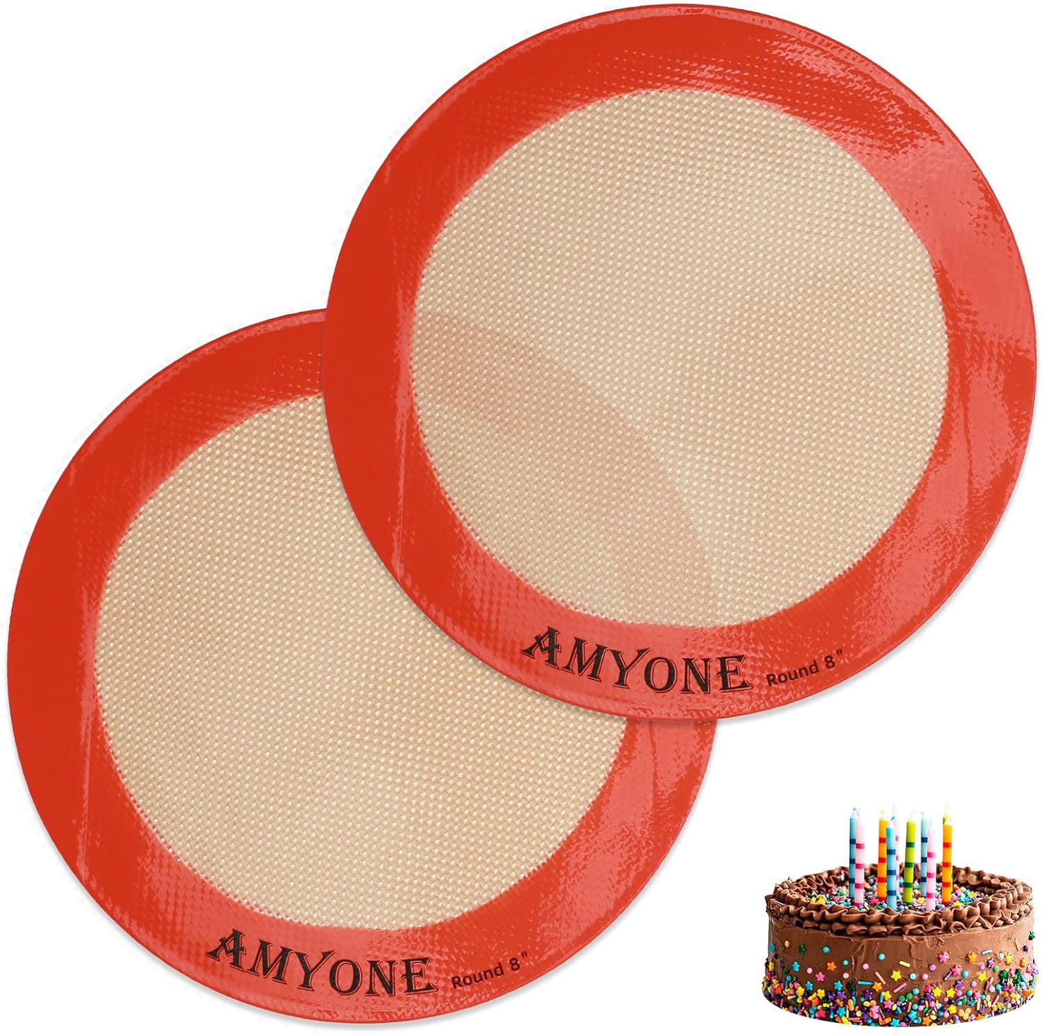 Round Silicone Baking Mats for 8 Inch Cake Pan, Food Grade, Non-Stick, Reusable Silicone Mat for Baking Pan for Bread/Tortilla/Macaron/Pastry/Pie/Bun or 9 Inch Pizza Pan, 2PCS
