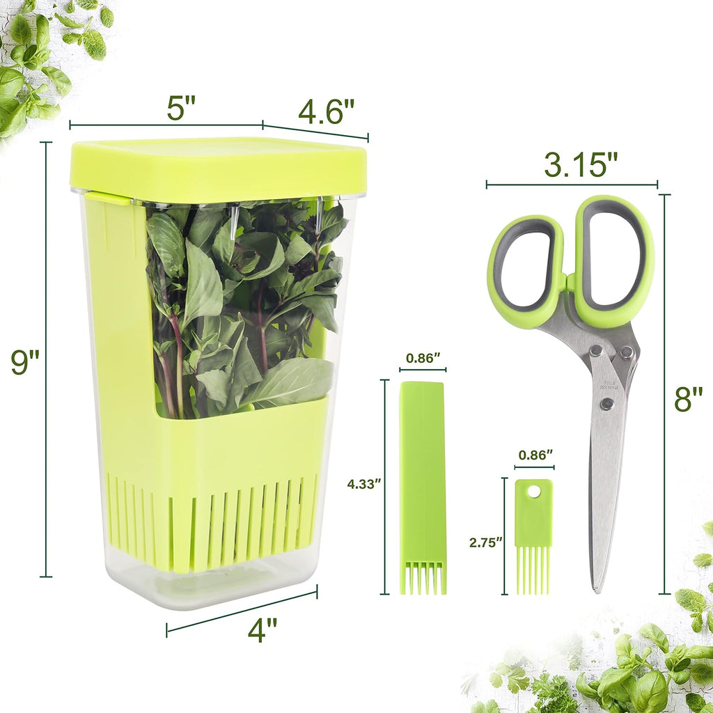 Herb Keeper Set: 3 Pack Herb Saver+1 Pack Herb Scissors+2 Pack Herb Stripper, BPA-Free Plastic Herb Container for Cilantro, Mint & Asparagus, Keeps Fresh Herbs for 3 Times Longer