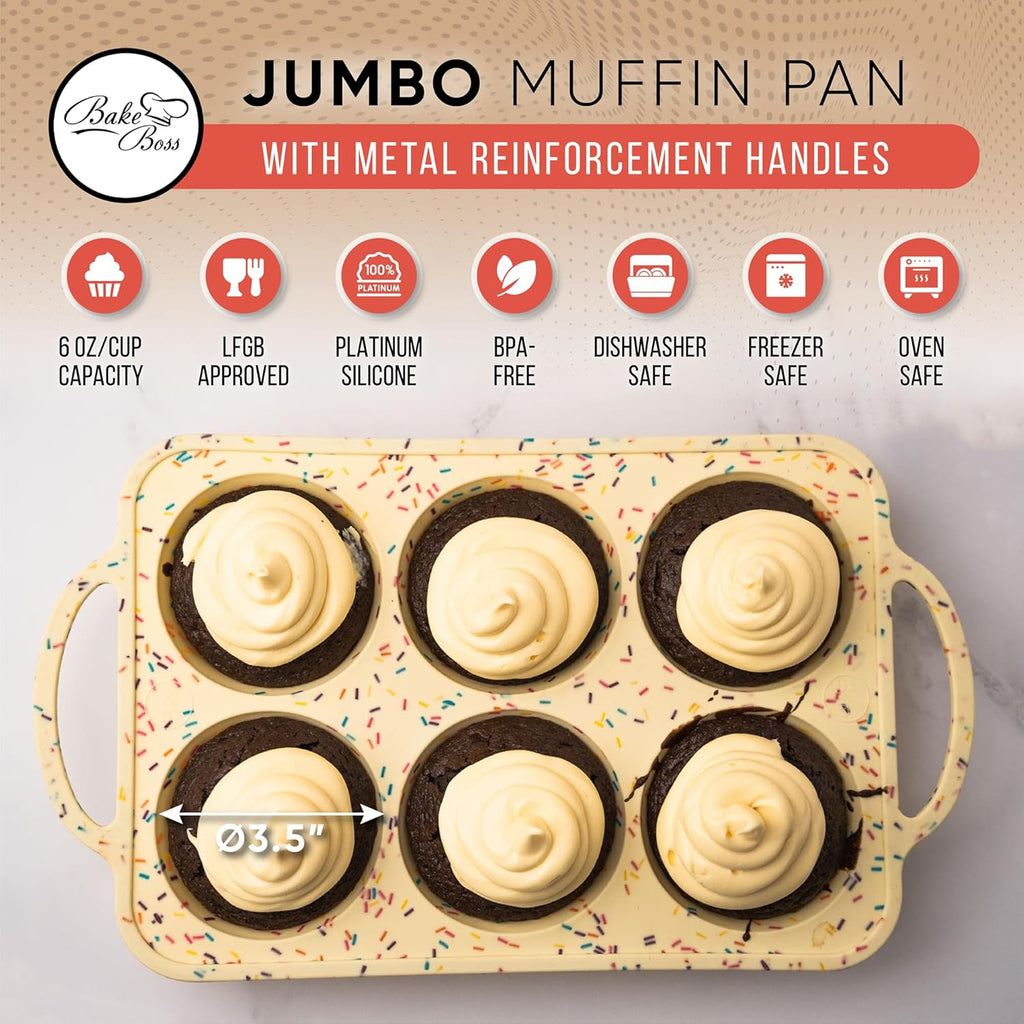 Confetti Silicone Jumbo Muffin Pan 6 Cup–Non-Stick Cupcake Pans for Baking, Heavy-Duty Large Silicone Muffin Pans for Baking, BPA-Free, Easy-Release, Oven & Dishwasher Safe