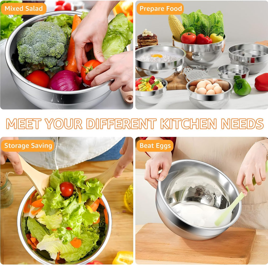 Mixing Bowls with Colorful Airtight Lids, 6 Piece Stainless Steel Metal Bowls with 3 Grater Attachments, Size 4.5, 3.5, 2.1, 1.5, 1.1, 0.7 QT