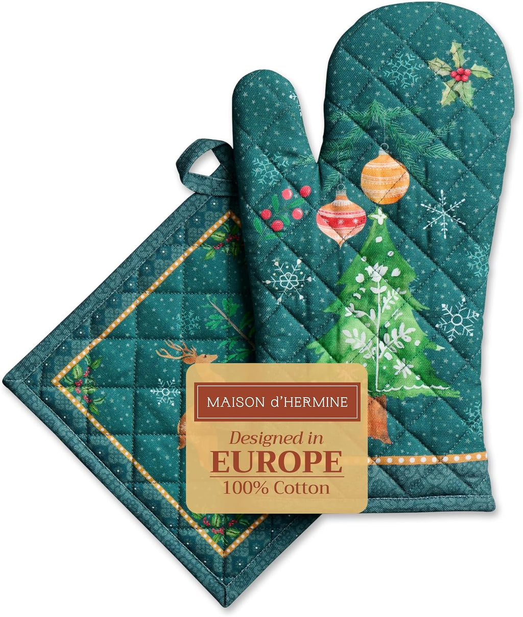 Maison d' Hermine 100% Cotton Oven Mitt & Pot Holder Set (7.5"x13" & 8"x8") Heat Resistant BBQ Cooking Gloves with Loop, Baking, Grilling, Kitchen, Handling Hot Pans (Hygge Christmas)