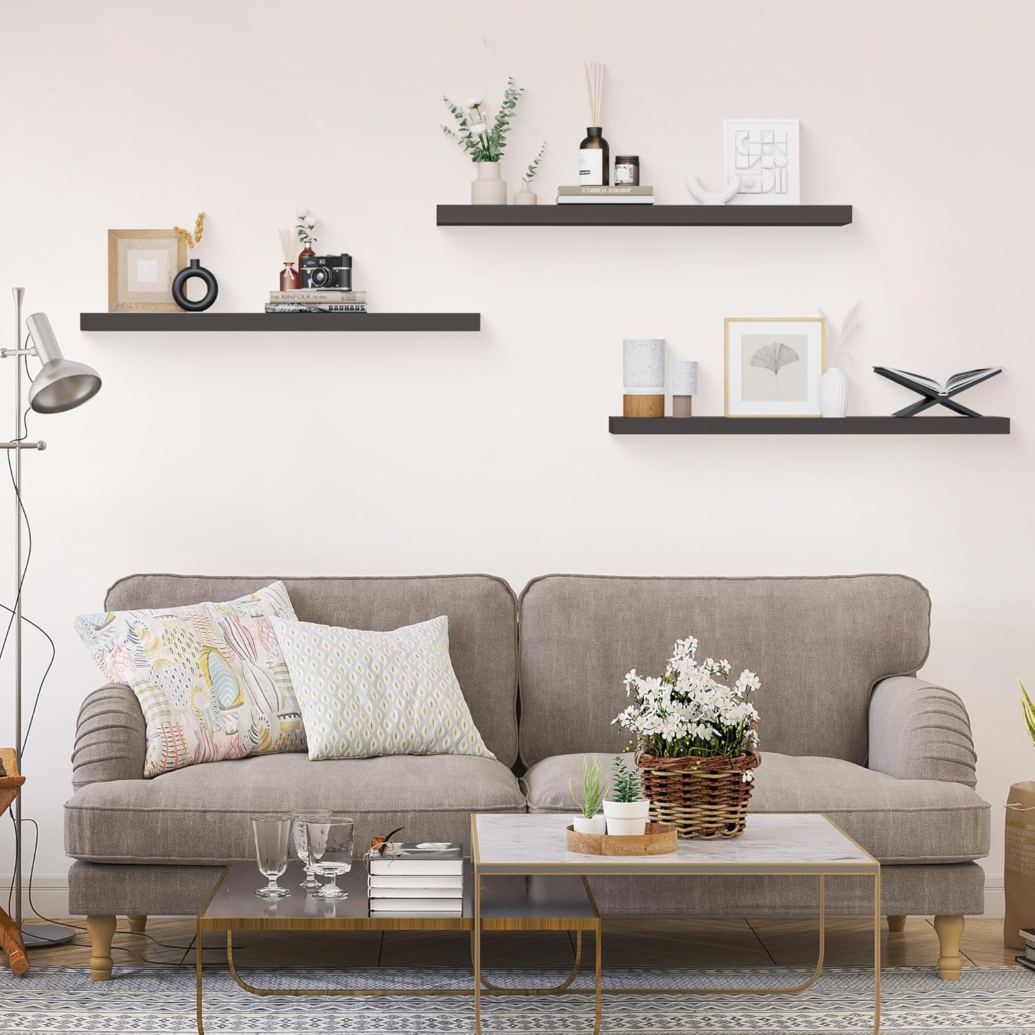 Colima Floating Shelves for Wall Black Wood Shelf for Bedroom, 36 Inch Wall Mounted Floating Shelves for Bathroom Living Room Kitchen Office, 1.3" Thick Floating Book Shelves for Wall, Set of 3