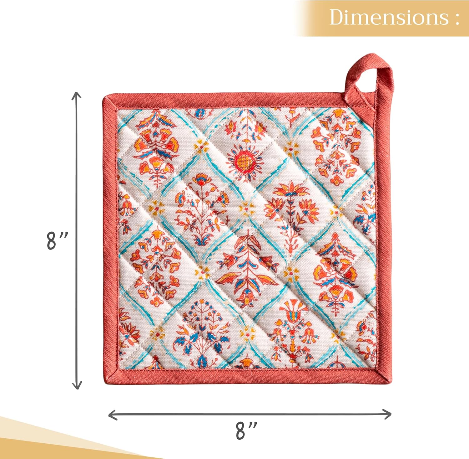 Maison d' Hermine Pot Holders Set 100% Cotton Heat Resistant Potholders 8" x 8" Hot Pads with Loop BBQ, Cooking, Baking, Grilling, Kitchen, Handling Hot Pans (Pack of 2, Romane)