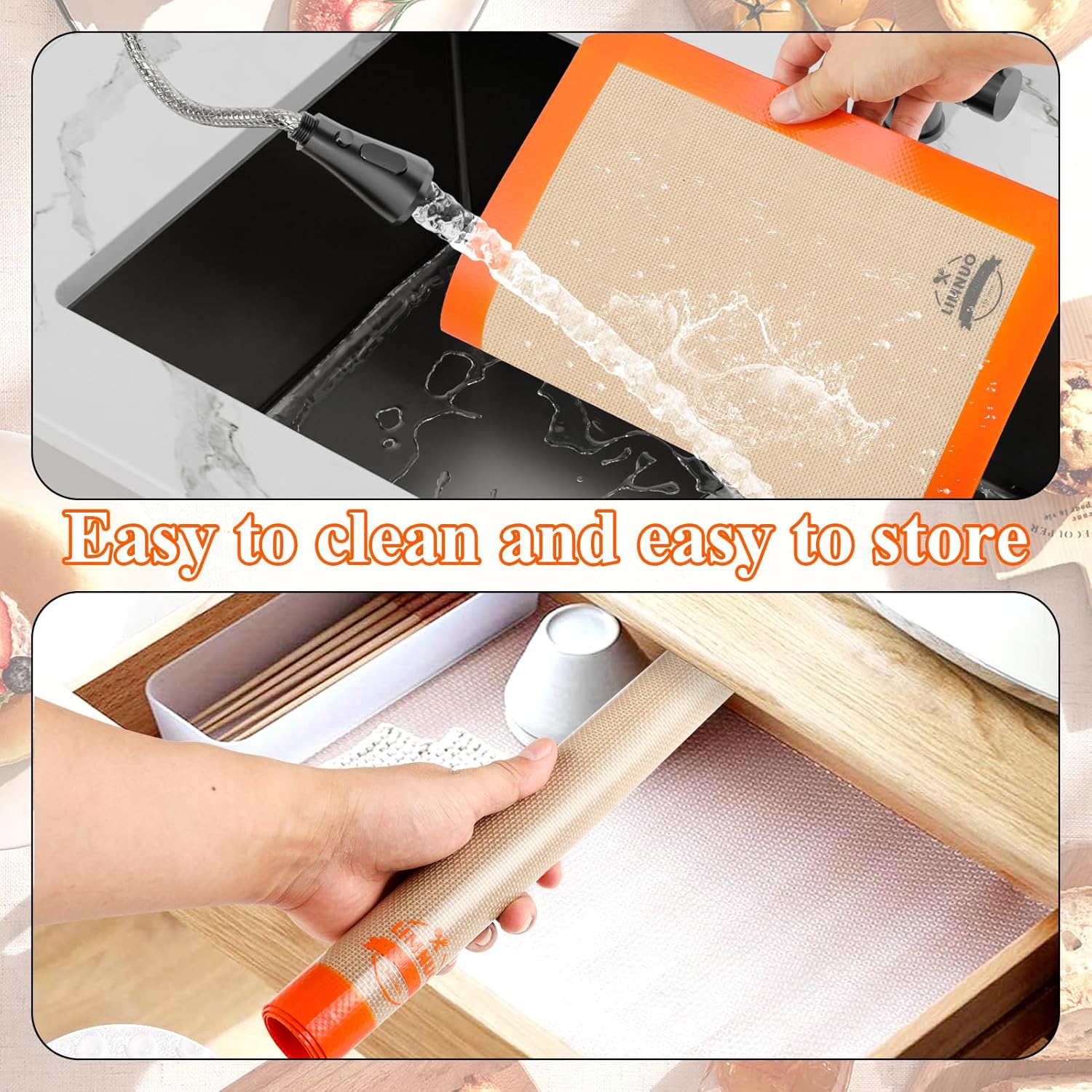 Silicone Baking Mat, Set of 3 Reusable Non-Stick Food Safe Baking Sheets for Cookies,for Making Cookies, Macaroons, Bread (Orange)