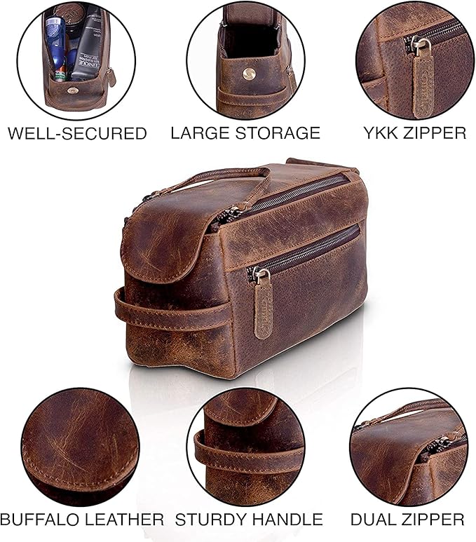 KomalC Premium Buffalo Leather Unisex Toiletry Bag Travel Dopp Kit