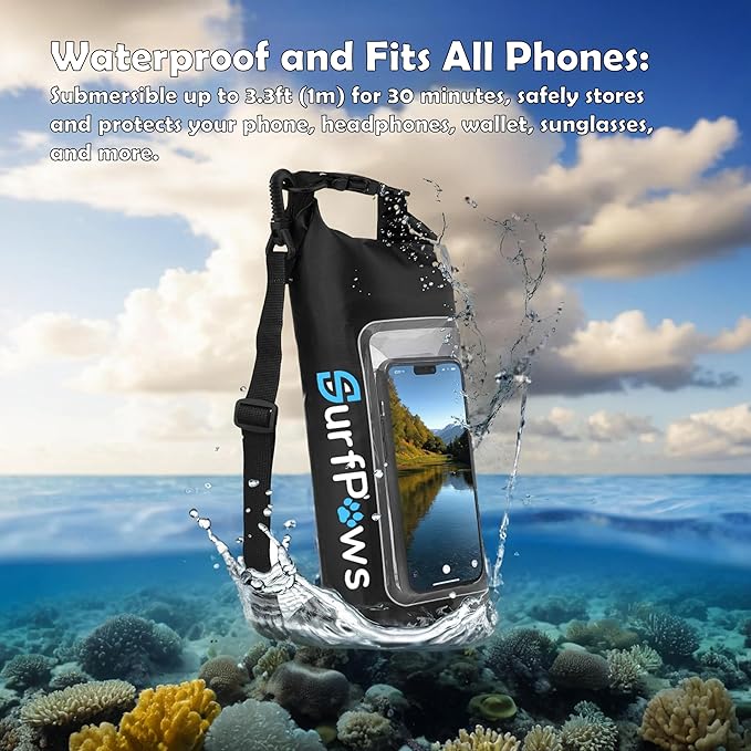 2L Waterproof Dry Bag - Multifunctional Waterproof Dry Pouch for Phone and Valuables - Essential for Outdoor Travel, Beach, Swimming, Boating, Camping (Black)