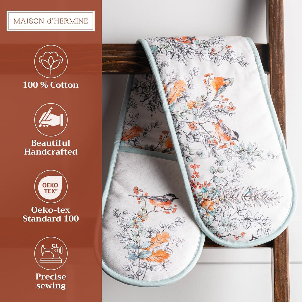 Maison d' Hermine Double Oven Mitt 100% Cotton Heat Resistant Cooking Gloves with Loop, Baking Barbeque, Handling Hot Pan, Whitish Shabby Chique - Thanksgiving/Christmas (7 Inch x 35 Inch)
