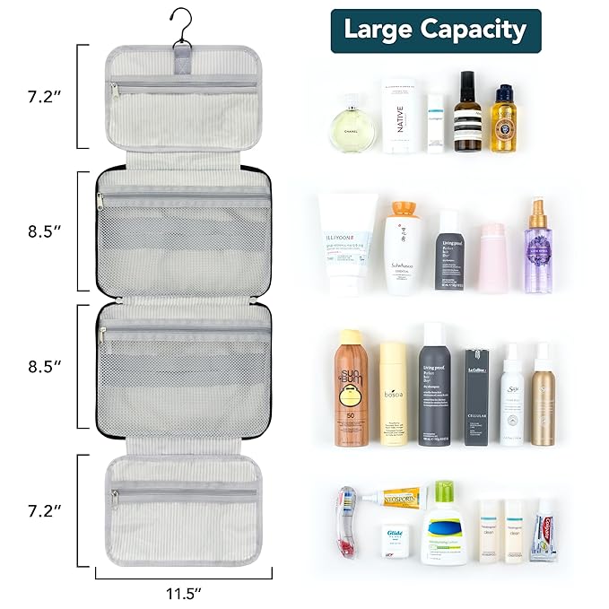 PAVILIA Hanging Toiletry Bag Travel Bag Women Men, Foldable Cosmetic Organizer, Roll up Makeup Bag, Water Resistant Accessories Toiletries, Large Travel Essentials Kit (Black Gold)