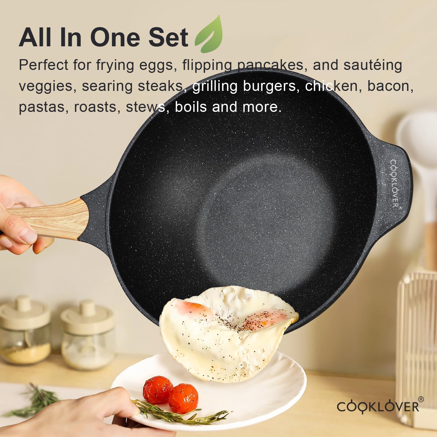 COOKLOVER Nonstick Woks And Stir Fry Pans Die-cast Aluminum Scratch Resistant 100% PFOA Free Induction Wok pan with Lid 12.6 Inch - Black