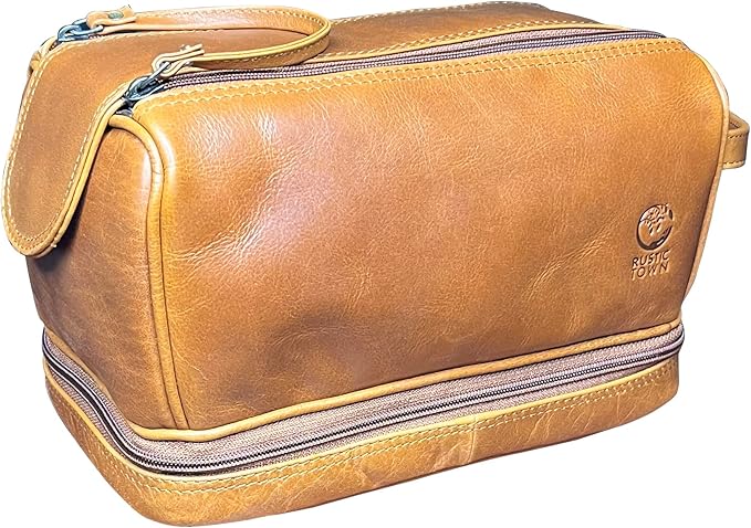 RusticTown Leather Toiletry Bag for Men - Travel Shaving Dopp Kit - Bathroom Shower Toiletries Organizer - Cosmetic Make up Bag for Women