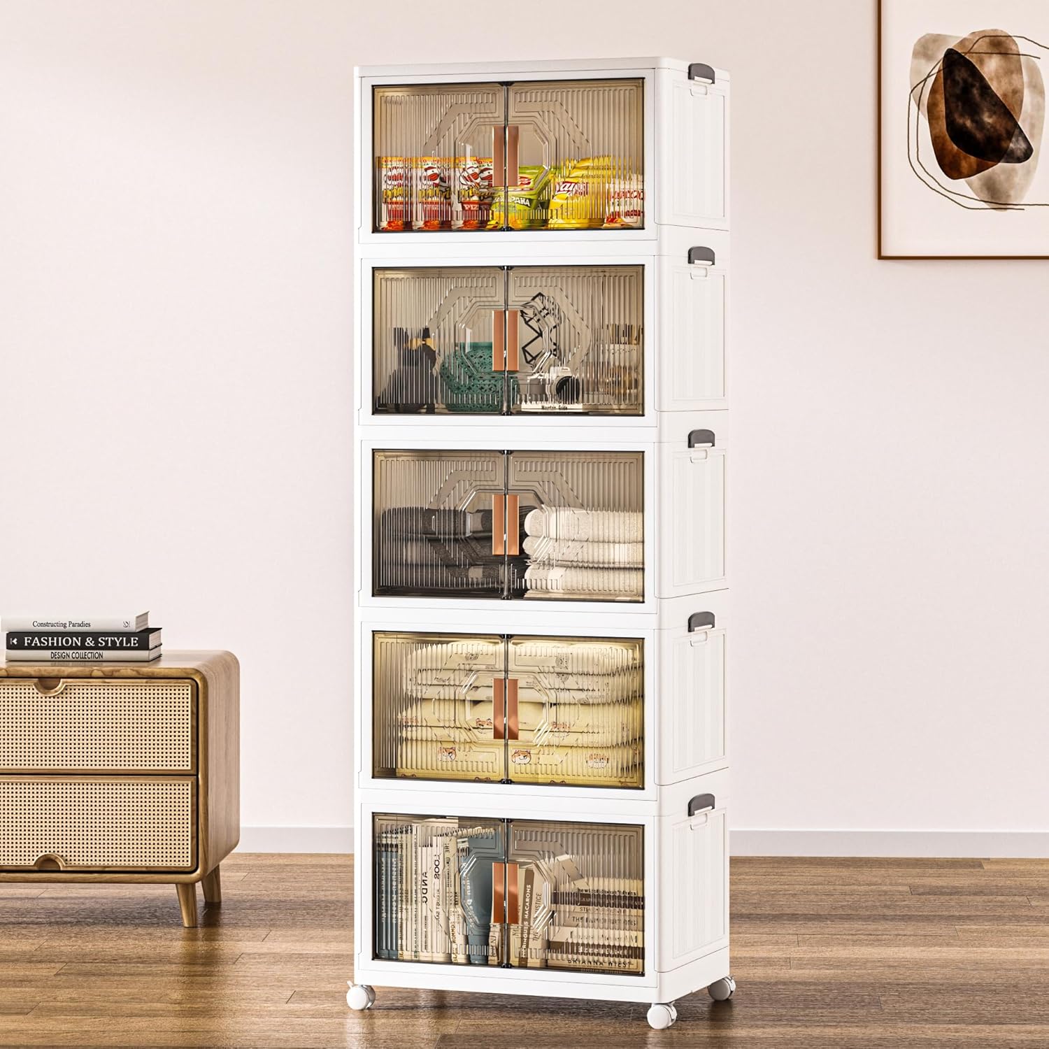 VECELO 19 Gal Stackable Storage Bins with Lid, 5 Pack Plastic Collapsible Storage Cabinet, Foldable Folding Box Organizer/Storage Container Cart with Wheel and Double Door for Home Office, White