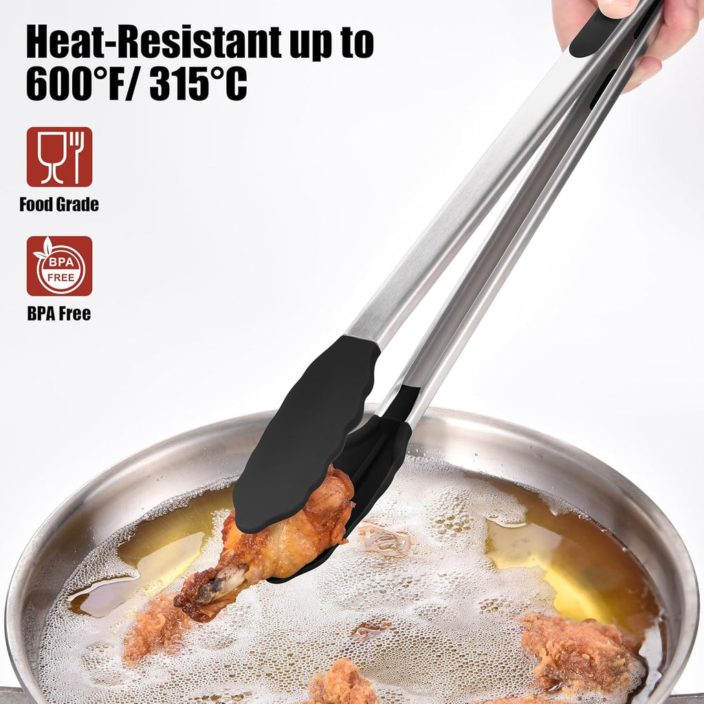 Doosu Kitchen Tongs for Cooking - 600°F Heat Resistant Food Tong with Non-Scratch Silicone Tips, Heavy Duty Stainless Steel Locking Tong for BBQ, Grilling Steak, Serving Salad, Pasta (16in, Black)
