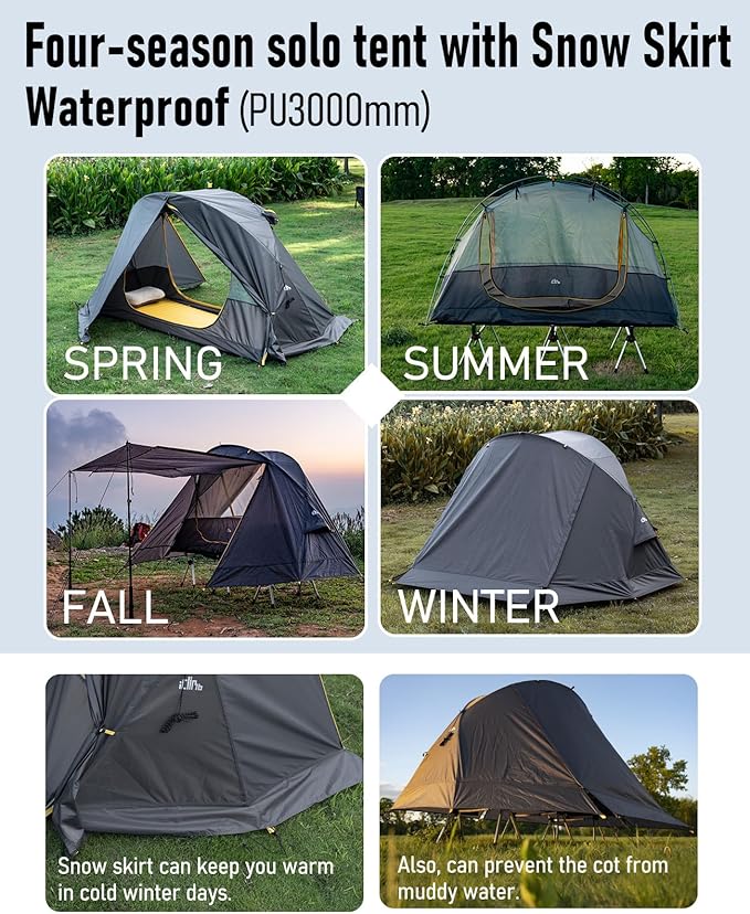 iClimb Ultralight 4 Season Solo Tent Waterproof with Snow Skirt Rainfly, Ground/Off The Ground Tent for Backpacking Camping Hiking Trekking Mountaineering