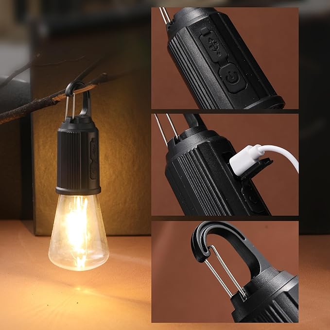 2Pcs Rechargeable Camping Light Bulbs,Portable LED Camping Lanterns,Hanging Tent Lamp with 3 Lighting Modes and Hook for Emergency, Hiking, Fishing, Backpacking,Power Outages