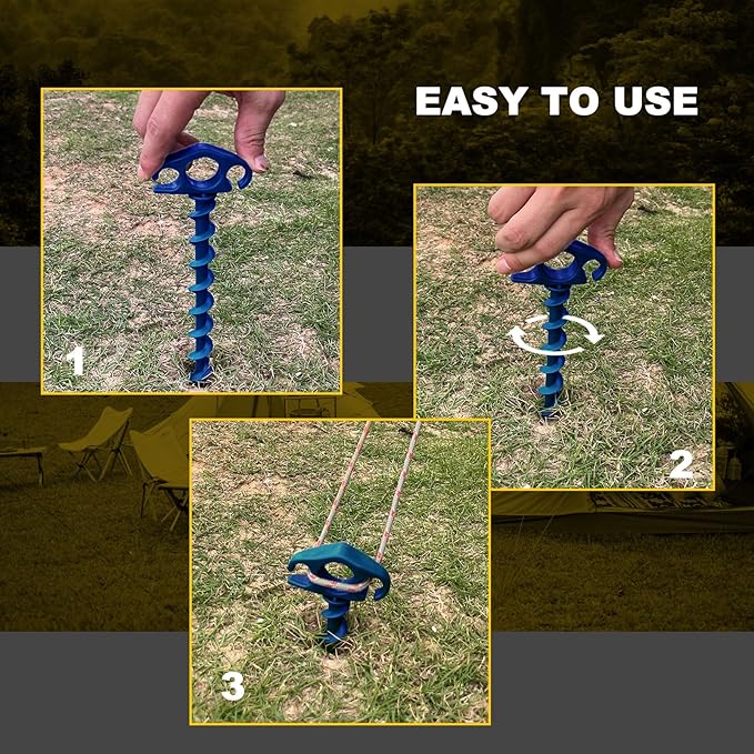 Tent Stakes Sand Stakes for Beach Tent 6 Pack Spiral Anchor Stakes 9.4 Inch Heavy Duty Screw Canopy Stakes for Camping, Hiking and More (6, Blue)