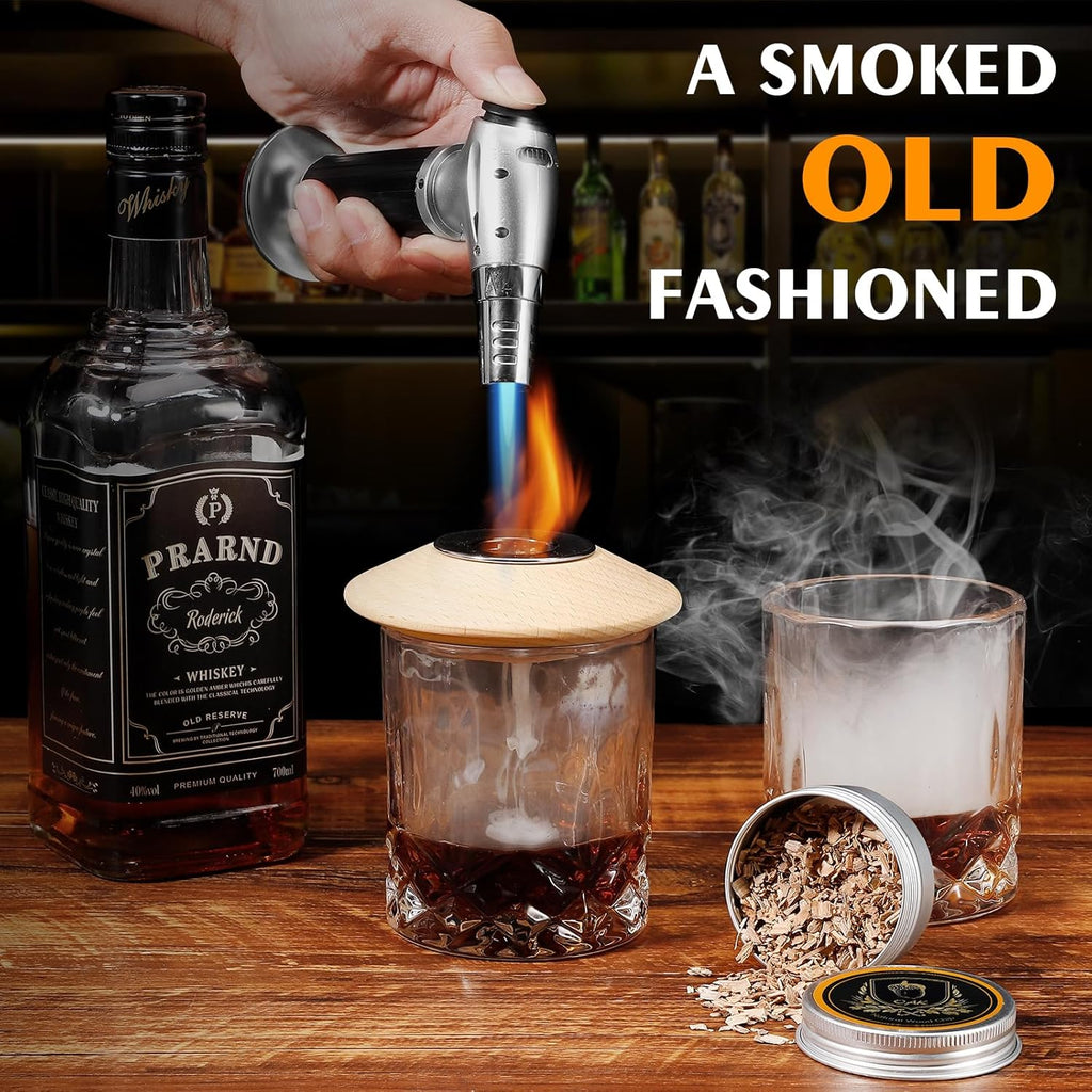 Whiskey Cocktail Smoker Kit with Torch, 6 Flavors Wood Chips, 2 Whiskey Glasses, 2 Ice Ball Molds, Bourbon Old Fashioned Drink Smoker Kit, Gifts for Men, Dad, Husband, Boyfriend(No Butane)