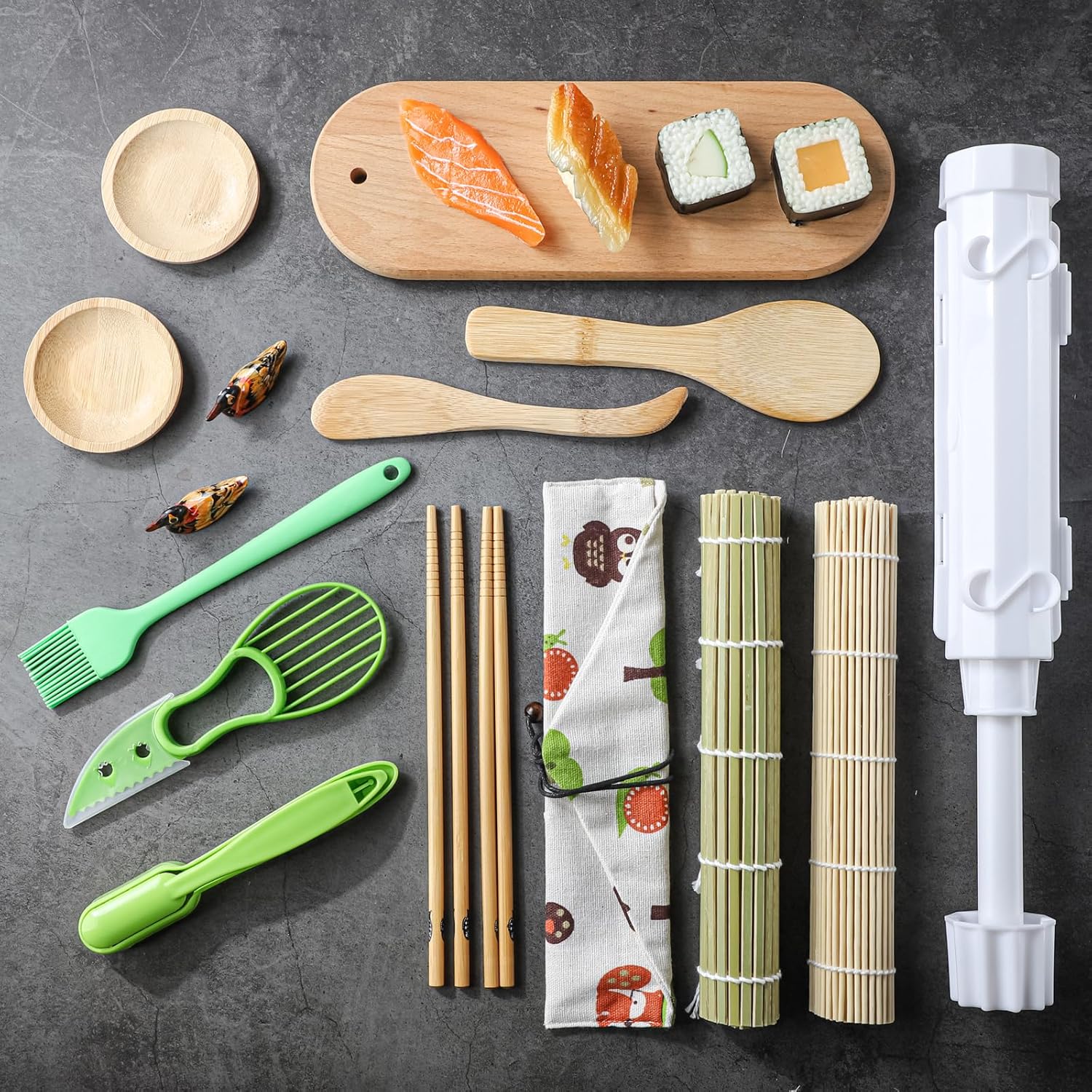 Sushi Making Kit, Sushi Maker for Beginners Sushi Roller Kit with Sushi Bazooka, Sushi Rolling Mat, Sauce Dishes (Style 1)