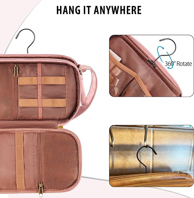 Travel Toiletry Bag for Women, Large Hanging Toiletries Organizer Bags for Men, Cruise Ship Essentials, Water-resistant Shaving Case, PU Leather Makeup Accessories, Cosmetic Dopp Kit, Pink