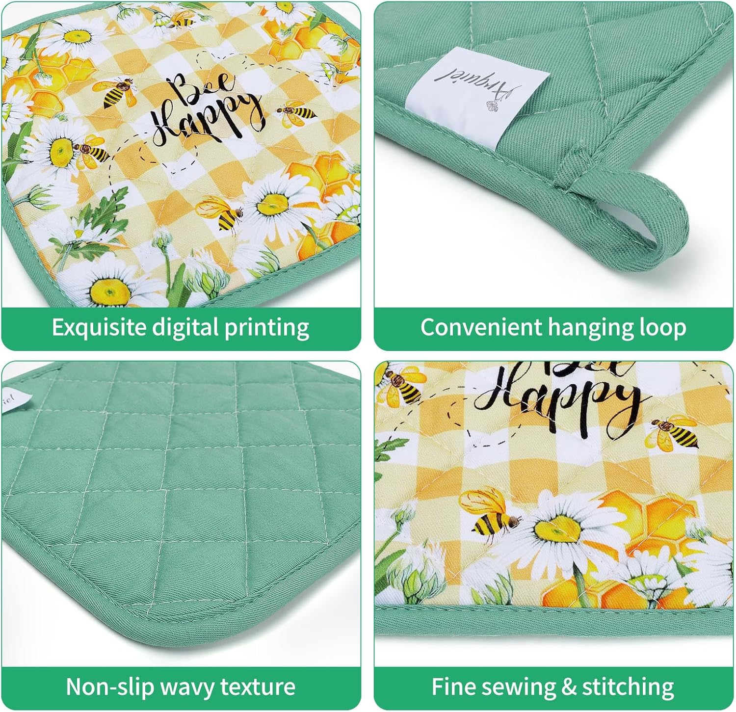 Bee Daisy Oven Mitts and Pot Holders Sets 4Pcs, 100% Cotton Heat Resistant, Extra Long Oven Gloves Potholder for Kitchen Cooking Baking Housewarming