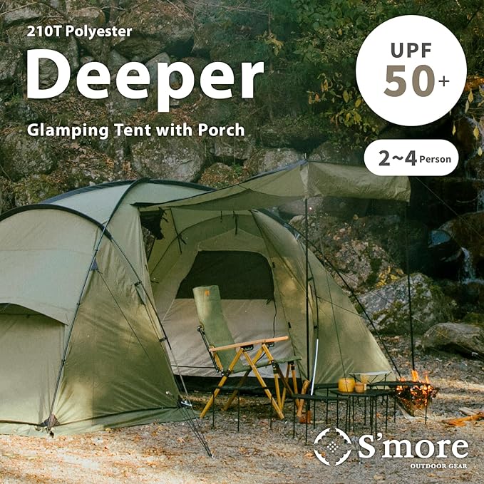 S'More Glamping Tent with Porch, 2/3/4/5/6 Person Durable Weatherproof Camping Tent, Large Family Tent with Room Divider, Easy Setup Tent with Screen Room