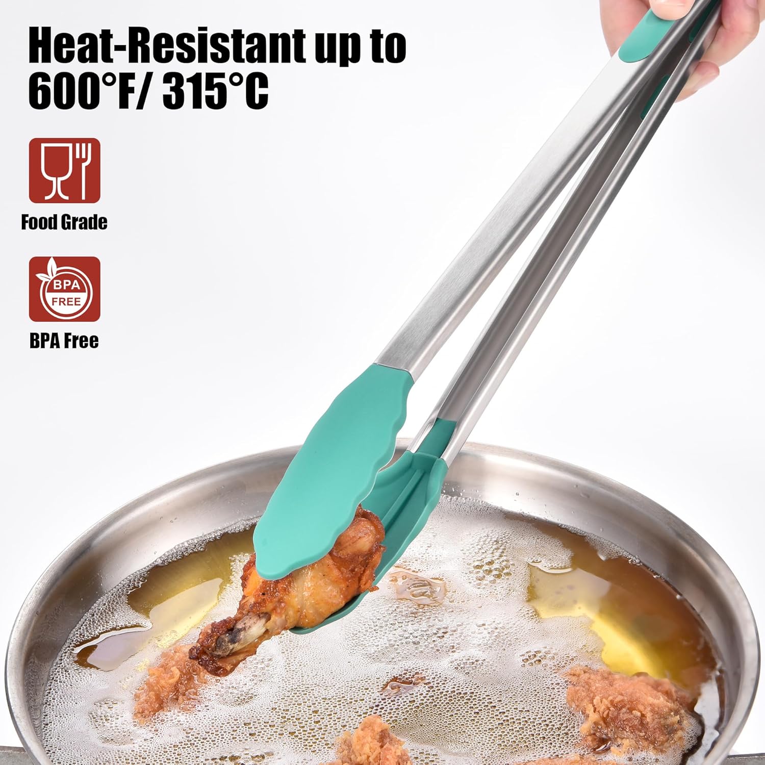 Doosu Kitchen Tongs for Cooking - 600°F Heat Resistant Food Tong with Non-Scratch Silicone Tips, Heavy Duty Stainless Steel Locking Tong for BBQ, Grilling Steak, Serving Salad, Pasta (16in, Aqua Sky)