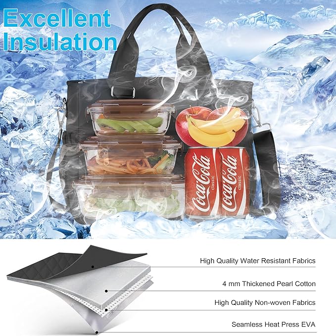 16L Large Lunchbox for Woman, Insulated Lunch Bag Women, Adult Lunch Box for Work, Leakproof, Black