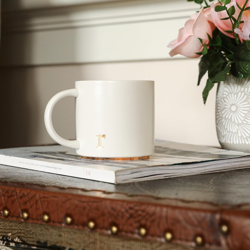 COLLECTIVE HOME - Monogram Ceramic Mugs, 15 oz Golden Initial Coffee Cups, Elegant Alphabet Tea Mugs, Elegant Personalized Mug with Gift Box, Luxurious Cups for Office and Home (r)