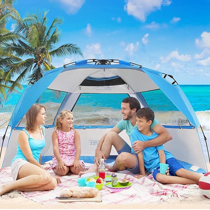 G4Free Easy Set up Beach Tent Deluxe XL, Pop up Sun Shelter for 3-4 Persons with UPF 50+ Protection Beach Shade with Extended Floor