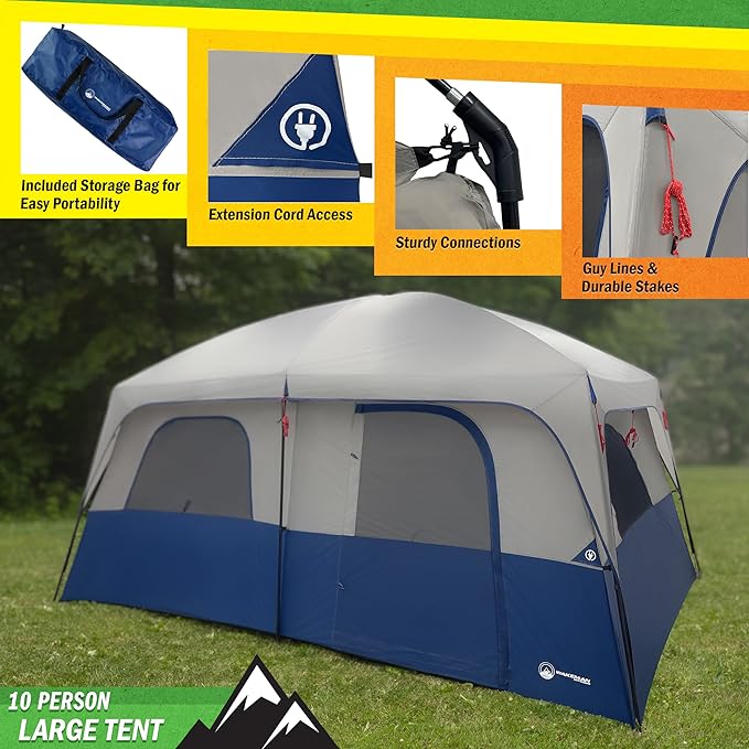 10 Person Camping Tent - Large Outdoor Tent with Room Divider and Rainfly - Family Camping House with 2 Doors and 4 Screen Windows by Wakeman Outdoors (Navy)