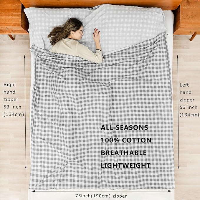 100% Cotton Sleeping Bag Liner with Full Length Zipper on 3 Sides; Single/Double Adult Sleep Sack for Travel & Camping, Multifunctional Travel Sheets (Unzipped 87”x87”) for Hotel, Lightweight