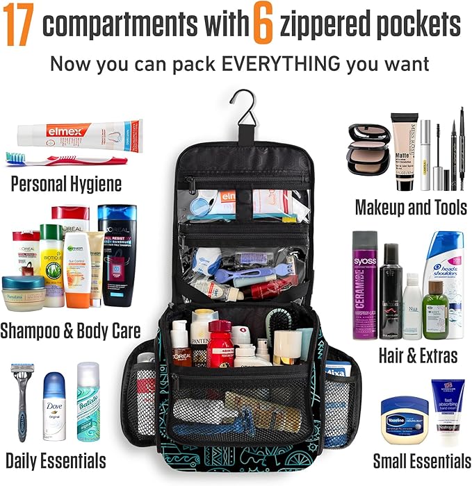 VENTURE 4TH Hanging Travel Toiletry Bag for Women & Men - Travel Organizer with Expandable Compartments & Removable Clear Pouch for Toiletries (Surfing Vibes)