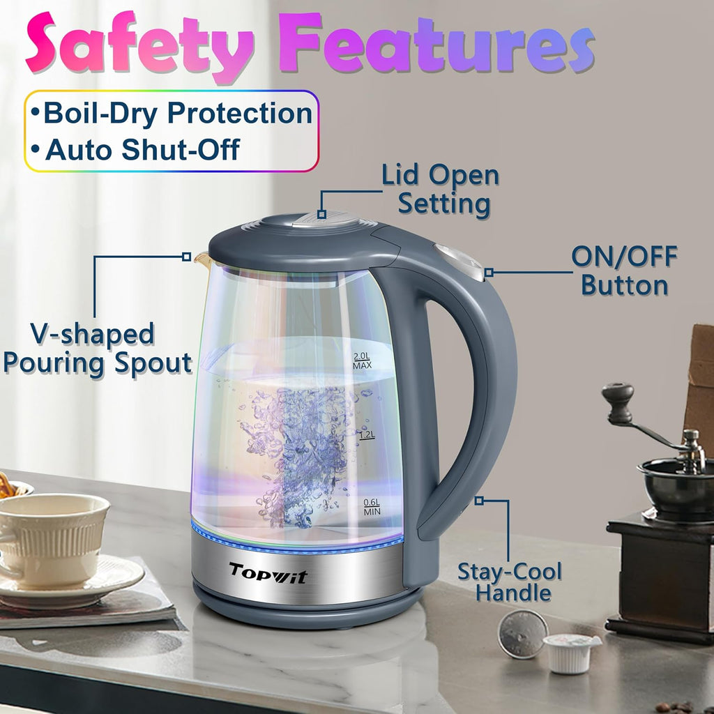TOPWIT Electric Kettle, Colorful Glass Tea Kettle, 2.0L Hot Water Kettle Electric, BPA-Free Stainless Steel Lid & Bottom, Electric Kettles for Boiling Water, Auto Shut-Off & Boil Dry Protection, Grey