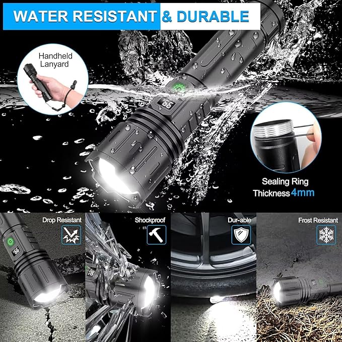Rechargeable LED Flashlights High Lumens,100000 Lumens & 1500 Meters Super Bright Rechargeable Tactical Flashlight with 5 Modes,Waterproof,Powerful Handheld Flash Light for Camping