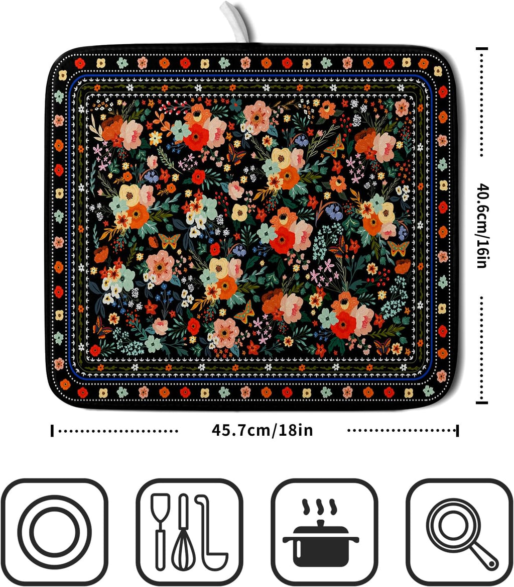 Black Flowers Dish Drying Pad Boho Floral Washable Microfiber Kitchen Mat for Home Decor