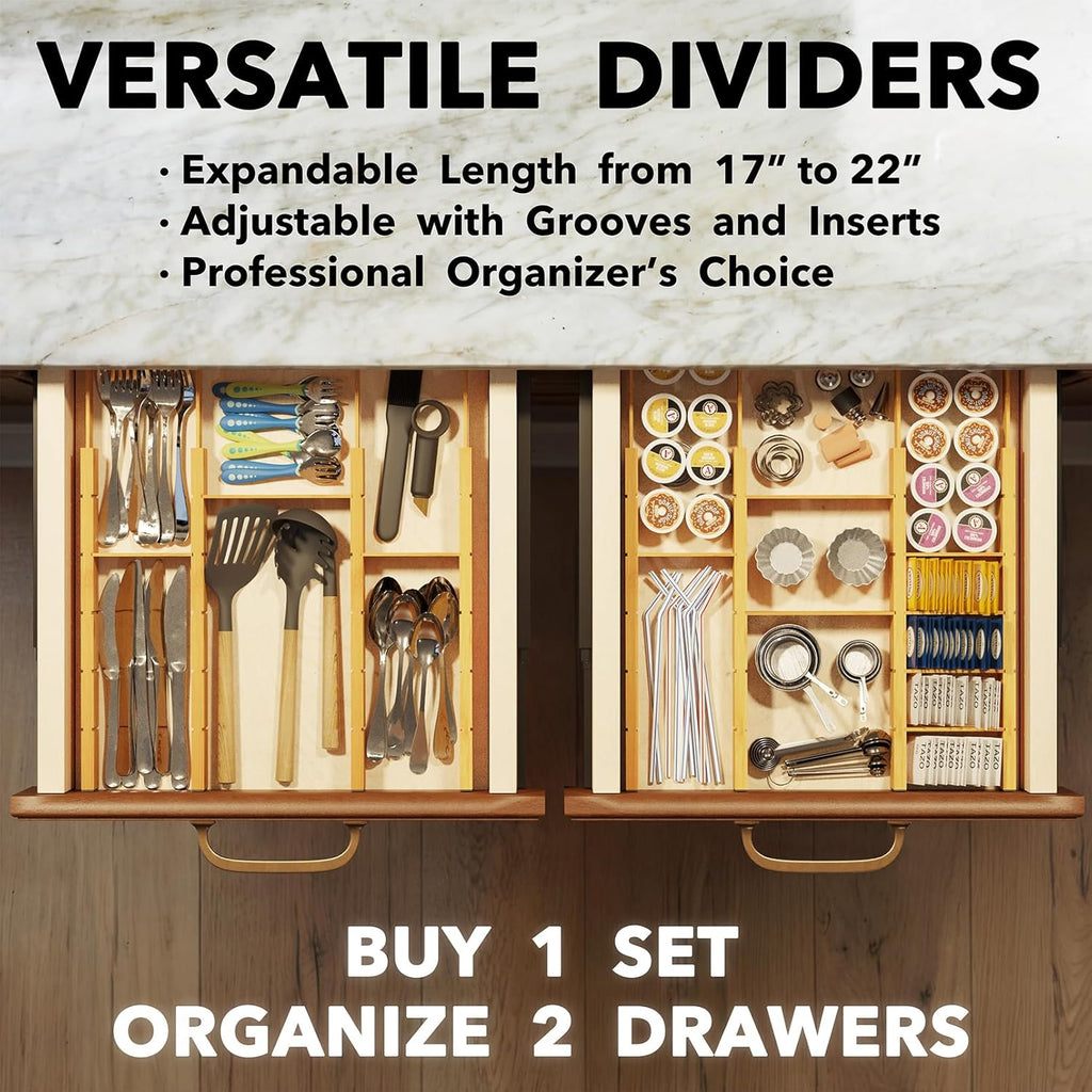 SpaceAid Bamboo Drawer Dividers with Inserts and Labels, Kitchen Adjustable Drawer Organizers, Expandable Organization for Home, Office, Dressers, 10 Dividers with 24 Inserts (17"-22" Natural)