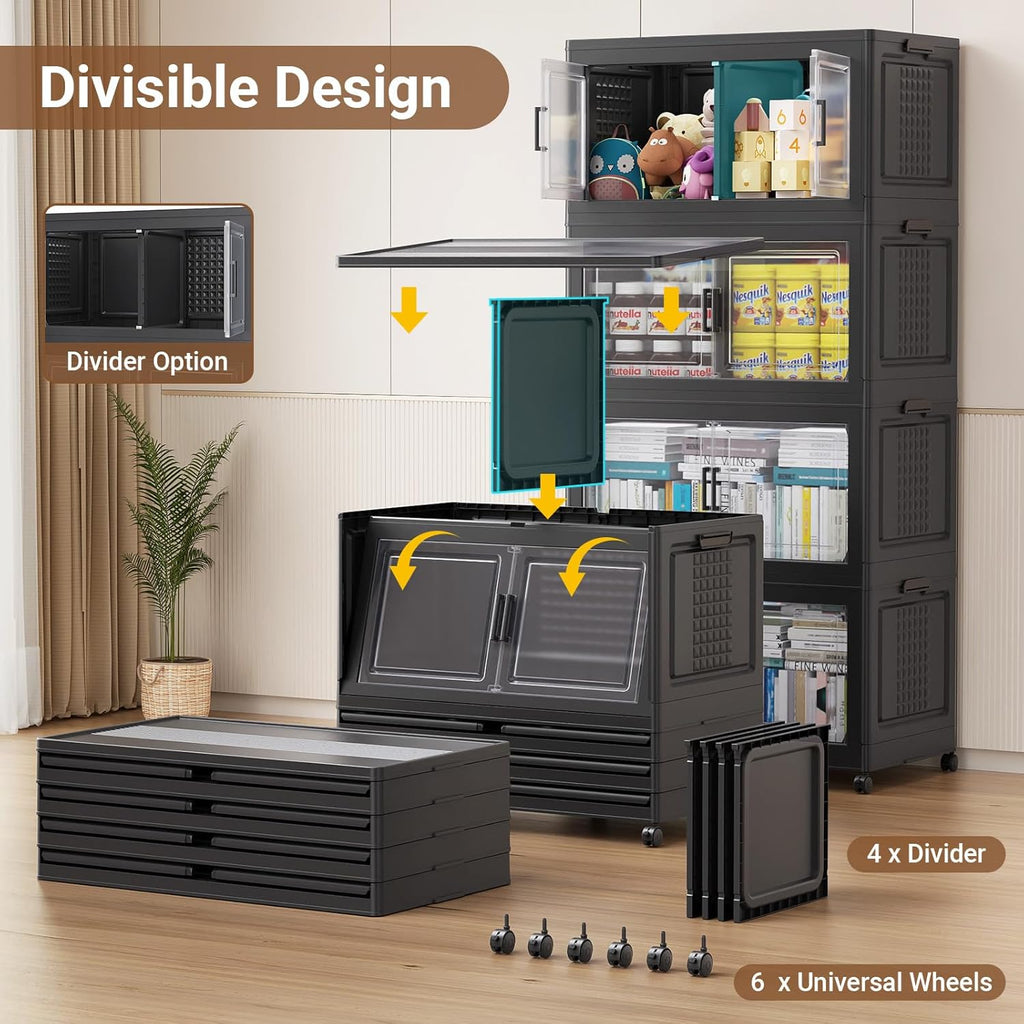 19.5" H 50Gal Plastic Storage Bin with Lid & Wheels,1Pack Extra Large Stackable Storage Bin with Divider,Closet Organizers and Storage Cabinet Shelves Collapsible Box for Home Kitchen,Black