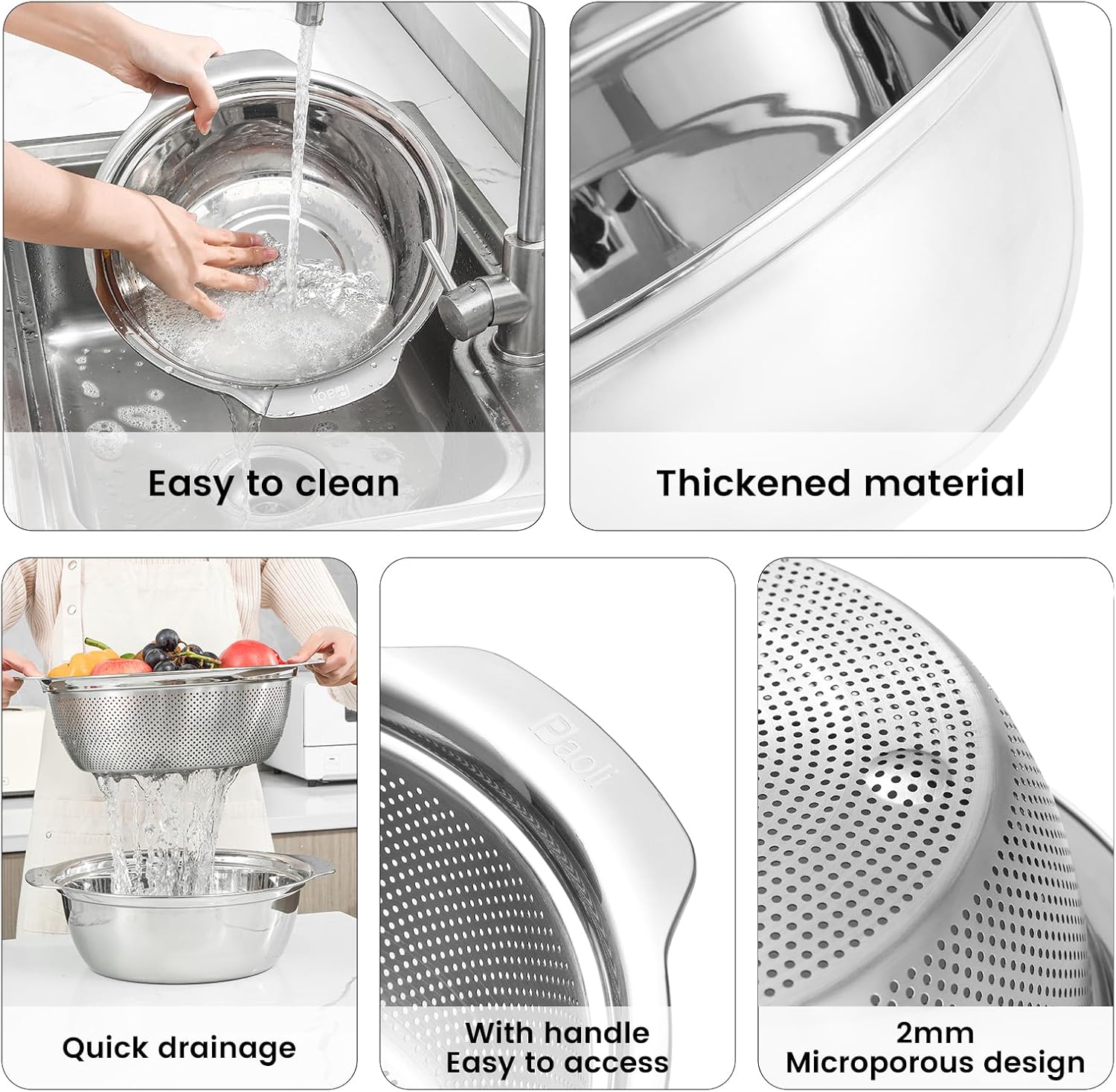 304 Stainless Steel Microporous Colander with Handle, Rice Washers Microporous Strainer Set For washing vegetables, fruits and rice, and draining cooked pasta.